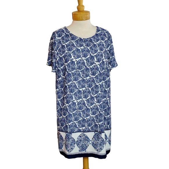 Lulus NWT Taj Mahal Tour Dress Blue/White Paisley Print Shift V-Cut Open Back XL - Picture 1 of 9